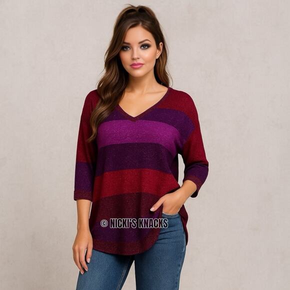 Express Metallic Striped Y2K V-Neck Dolman Sleeve Tunic Sweater Red Purple L - Picture 1 of 10